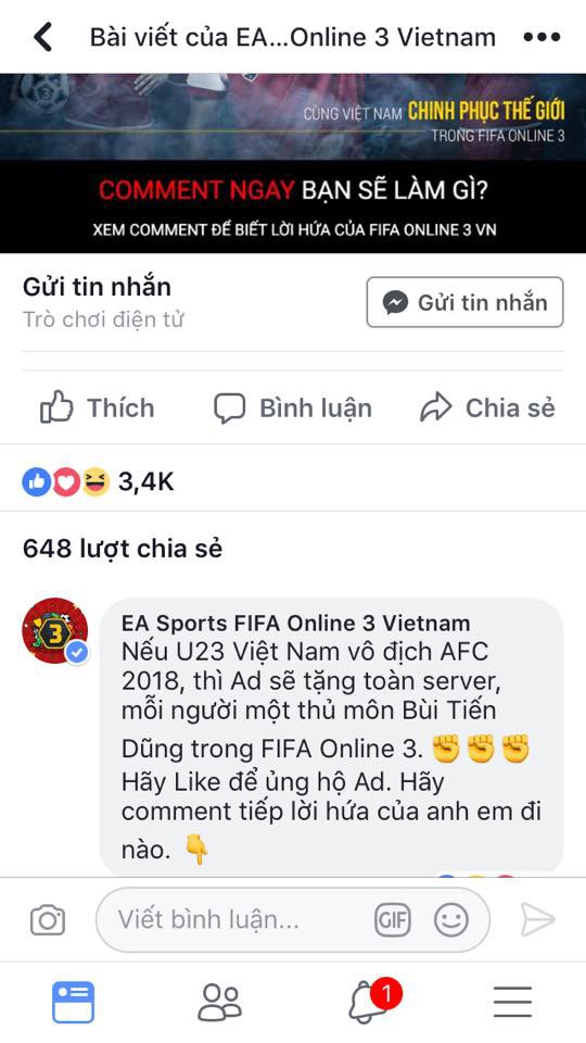 Admin FIFA Online 3 sẽ tặng mỗi account một thẻ VN Star Bùi Tiến Dũng U23 Việt Nam chiến thắng 1
